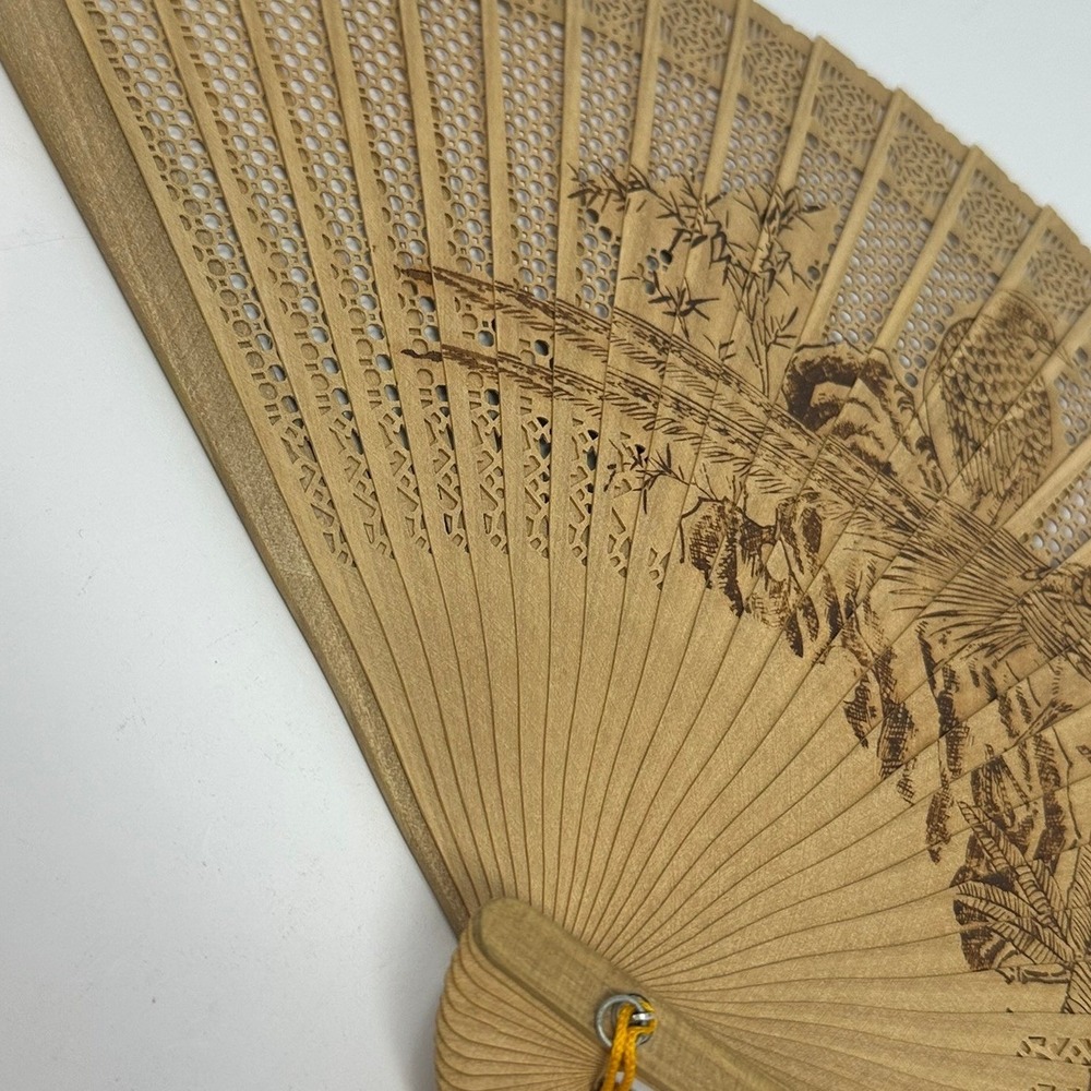 Vintage Chinese Sandalwood Folding Fan Carved Pheasant Design with‎ Brocade Box - Picture 6 of 14